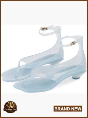 Kitten Heel Square Toe Clear Ankle Strap Thong Sandals